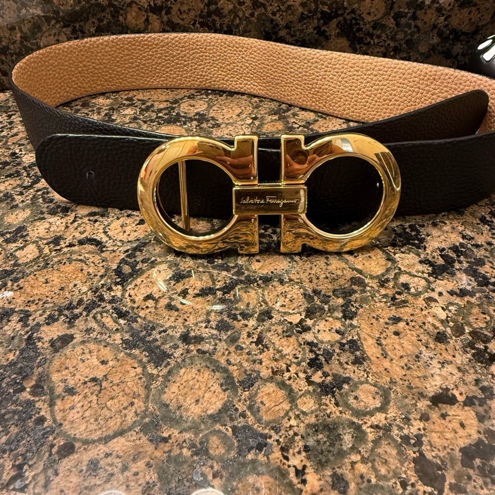 Salvatore Ferragamo Black and Tan Belt with Gold-Tone Buckle